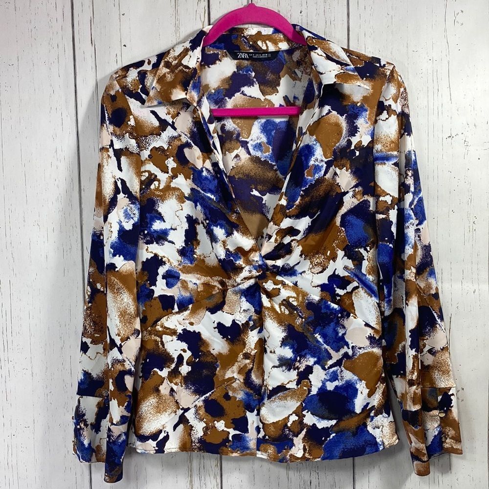 Zara Abstract Knot Front Blouse Blue Brown V Neck Size S Contemporary